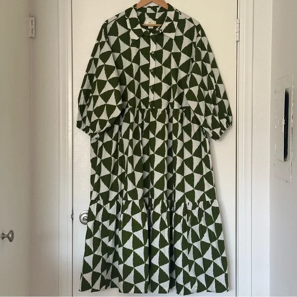 Anthropologie Green and White Geometric Long Sleeve Dress Size 2x - Picture 1 of 16